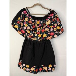 Savanna Jane Floral Embroidered Romper Women Large Black Excellent Off Shoulder
